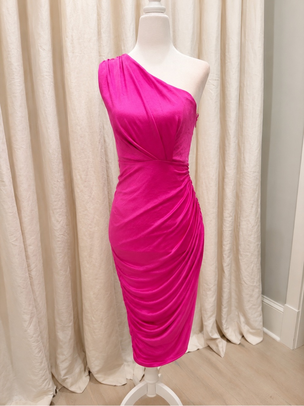 DO+BE Hot Pink One-Shoulder Ruched Midi Dress